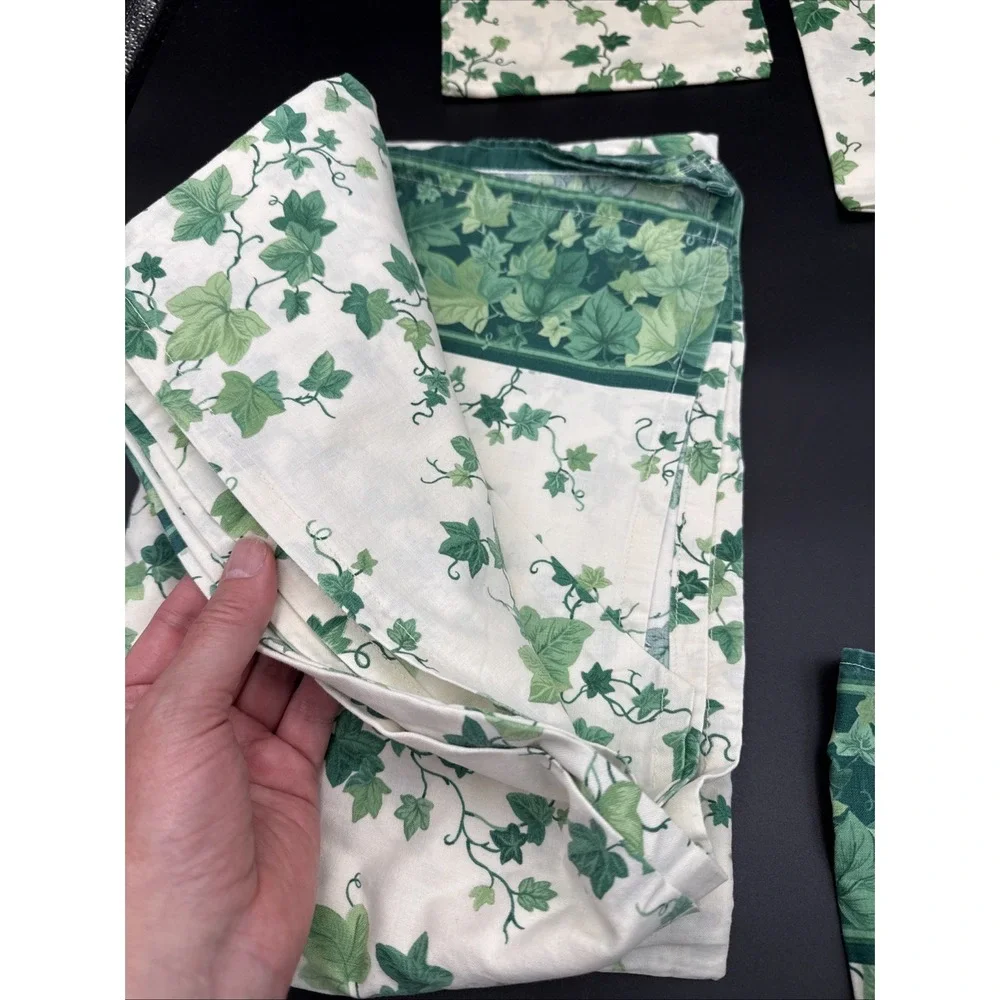 Vintage Tablecloth Repurposed From Twin Sheet, Napkins, Green Ivy